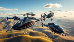 A formation of five modern civilian helicopters, including models like the Robinson R44 and Bell 407, flying on a clear day, showcasing the versatility and freedom of private helicopter ownership and travel.