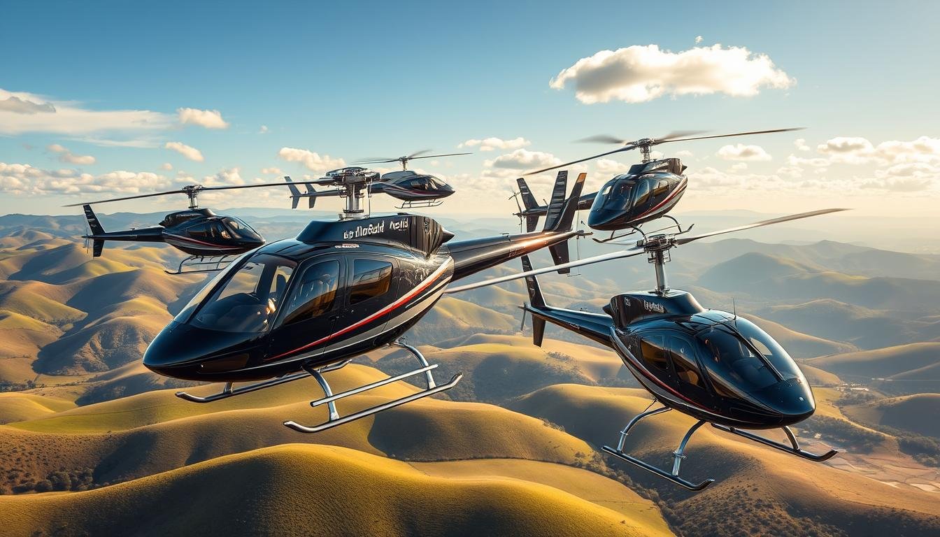 A formation of five modern civilian helicopters, including models like the Robinson R44 and Bell 407, flying on a clear day, showcasing the versatility and freedom of private helicopter ownership and travel.