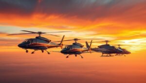 A formation of sleek, modern luxury helicopters, such as the Airbus ACH160 and Sikorsky S-76, flying at sunset, representing the comfort, speed, and style of top-tier private and corporate aviation.
