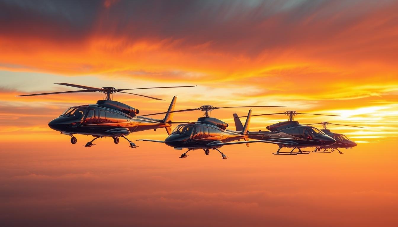 A formation of sleek, modern luxury helicopters, such as the Airbus ACH160 and Sikorsky S-76, flying at sunset, representing the comfort, speed, and style of top-tier private and corporate aviation.