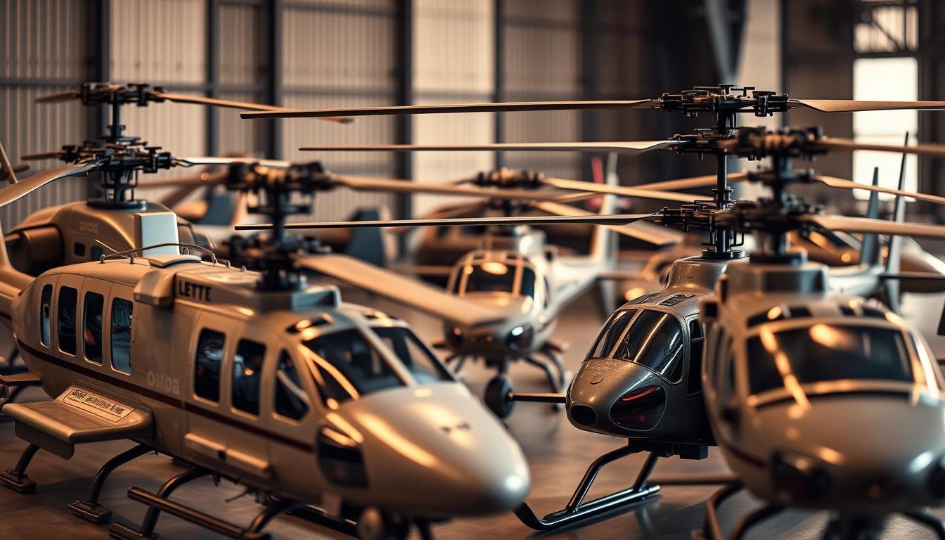 A collection of scale model helicopters representing light utility, medium transport, and heavy-lift models, providing a clear visual comparison of their relative sizes and designs.