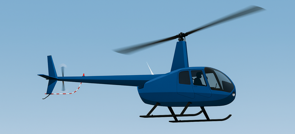Blue helicopter in flight against clear sky, representing aviation careers