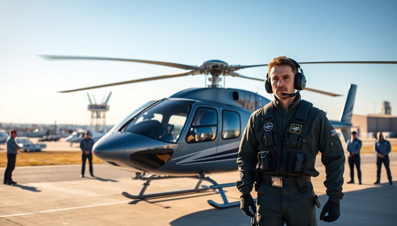 đź§®Helicopter Pilot Training Costs: Compare Top Flight Schools, Program Lengths, and Certification Expenses 1 A helicopter pilot student stands proudly in front of a training aircraft, representing the initial investment and career commitment required for flight school.