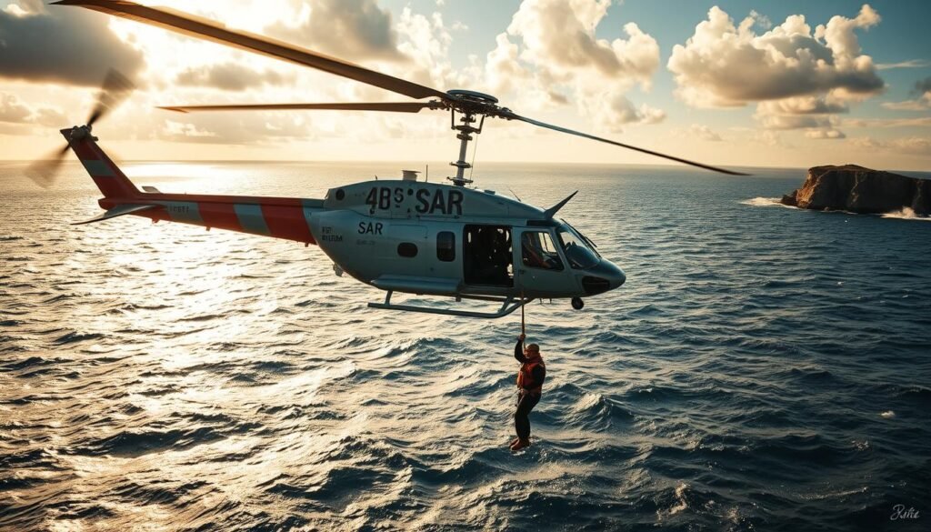 A SAR helicopter hoisting a person over a choppy, blue-gray sea, the aircraft's rotors casting dramatic shadows on the water's surface. The rescue scene is bathed in warm, golden sunlight filtering through scattered clouds, creating a sense of urgency and drama. The pilot's steady hand guides the winch as the rescuer lowers to the survivor below, their safety harness glistening. In the middle distance, a rocky coastline rises, hinting at the challenging environment. The overall atmosphere is one of controlled chaos, with a focus on the life-saving operation unfolding before the viewer.