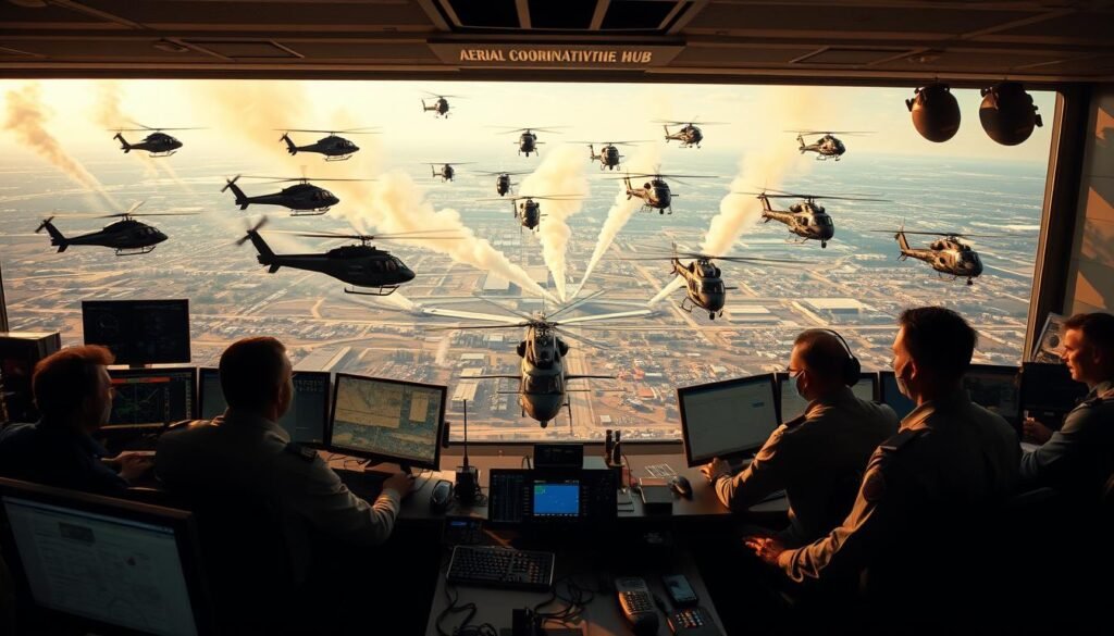 A bustling aerial coordination hub, captured in a wide, dynamic shot. In the foreground, a team of pilots and air traffic controllers monitor multiple screens, their expressions focused as they direct the movement of various aircraft. The middle ground features a fleet of helicopters, their blades spinning, as they descend and ascend in a choreographed dance, responding to the commands relayed from the control center. In the background, a panoramic vista of the disaster-stricken landscape unfolds, with plumes of smoke and the faint silhouettes of emergency vehicles on the ground. Warm, golden lighting filters through the scene, creating a sense of urgency and purpose. The overall composition conveys the precise, high-stakes coordination required to orchestrate a multi-agency aerial response in the midst of a crisis.