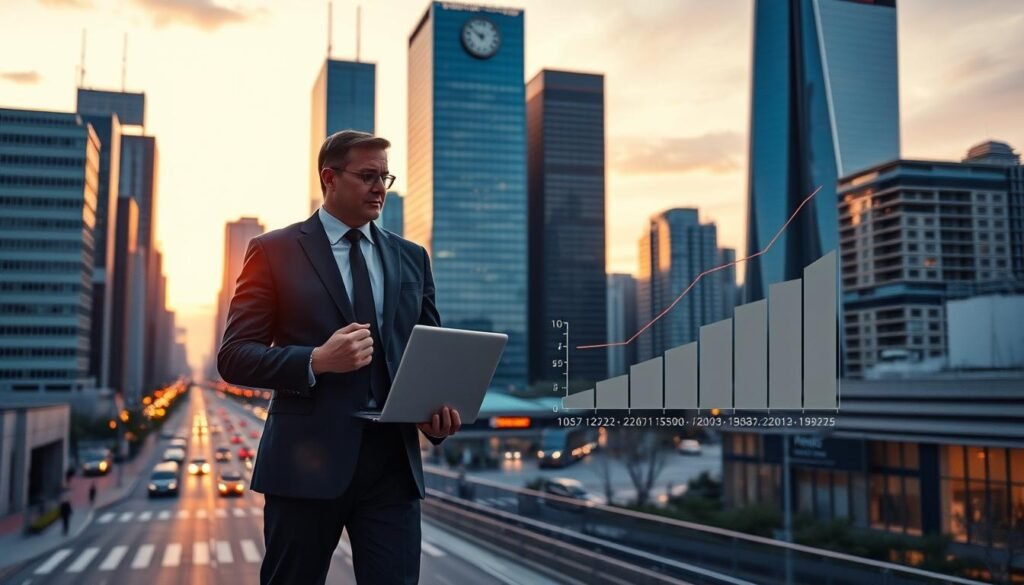 A bustling cityscape at dusk, skyscrapers and high-rise buildings casting long shadows across a sleek, modern street. In the foreground, a well-dressed professional stands, laptop in hand, contemplating a graph depicting a steady climb in earnings over the years. Soft, warm lighting illuminates the scene, creating an atmosphere of achievement and financial stability. The image conveys the growth, benefits, and lifestyle trade-offs associated with a successful civilian helicopter pilot career, set against the backdrop of a thriving urban center.