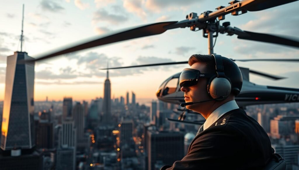 A busy city skyline at dusk, with high-rise buildings and towering skyscrapers in the background. In the foreground, a sleek, modern helicopter hovers above the bustling streets, its blades casting dramatic shadows across the urban landscape. The pilot, dressed in a professional uniform, appears contemplative as they navigate the complex airspace, considering the unique challenges and costs associated with operating in this high-expense metropolitan area. The scene is illuminated by a warm, golden light, creating a sense of both grandeur and financial pressure faced by helicopter pilots in this demanding environment.