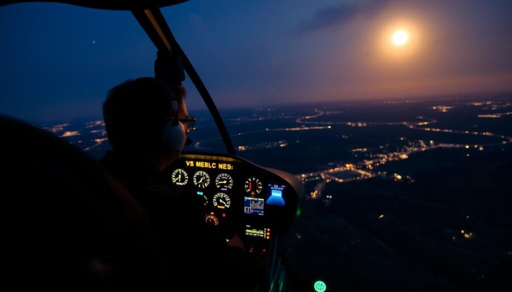 A cockpit view of an EMS helicopter in flight, the instrument panel illuminated with a soft glow, casting a warm light over the pilot's face as they skillfully navigate the aircraft through the night sky. In the background, a moonlit landscape stretches out below, with distant city lights twinkling like stars. The scene conveys a sense of focus, responsibility, and the thrill of the flight experience, perfectly capturing the essence of an EMS helicopter pilot's job.