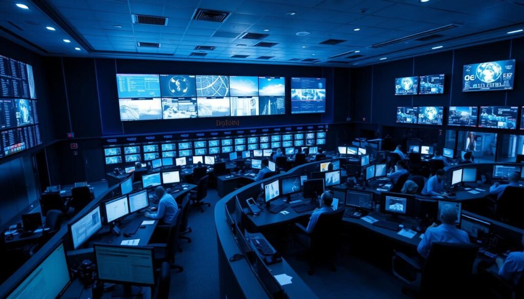 A command center control room, with a large video wall displaying real-time data and communication channels. Rows of operators at workstations, intently focused on their tasks. Soft blue lighting illuminates the scene, creating a sense of urgency and purpose. A central communications hub, with technicians coordinating emergency response efforts. The room is filled with the hum of activity, underscoring the critical role of information exchange and collaboration in disaster relief operations. Dramatic angles and depth of field emphasize the importance of this centralized command and control system.