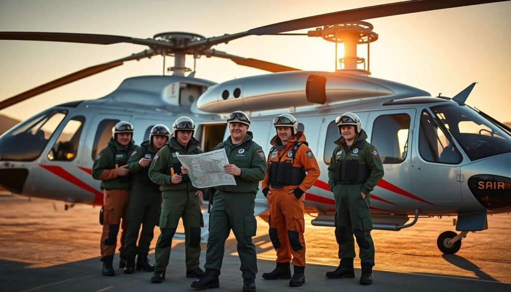 A crew of experienced SAR (Search and Rescue) personnel standing confidently next to a state-of-the-art SAR helicopter, its sleek fuselage gleaming in the warm sunlight. The pilot, in full uniform, holds a map, ready to brief the team on their upcoming mission. In the background, the helicopter's powerful rotors are at the ready, casting dramatic shadows across the scene. The atmosphere is one of professionalism, preparedness, and the sense of a critical, life-saving operation about to unfold. The image captures the essence of the specialized skills and equipment required for effective SAR operations.