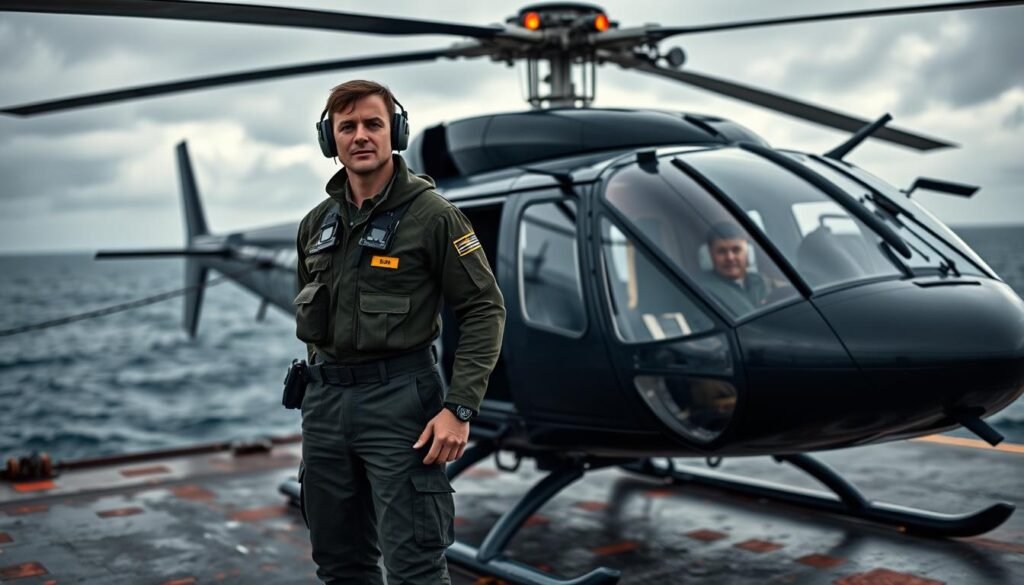 A detailed, high-resolution image of an offshore helicopter pilot in full flight uniform, standing next to a state-of-the-art offshore utility helicopter on a platform against a backdrop of a vast, windswept ocean. The pilot should have a determined, professional expression, conveying the high-stakes nature of their work. The helicopter should be depicted in sleek, modern lines, with details like navigation lights, rotor blades, and landing gear clearly visible. The platform should be weathered, with the horizon stretching out in the distance, hinting at the remote and challenging conditions faced by offshore helicopter pilots. The lighting should be dramatic, with a mix of warm tones from the helicopter's exterior and cool, overcast tones from the sky, creating a sense of atmospheric tension and the demanding nature of the job.