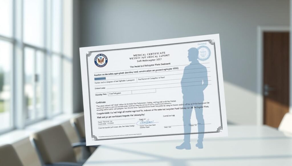 A detailed medical certificate with a highlighted "FAA" logo floats against a backdrop of a crisp, professional-looking office setting. The certificate is partially obscured by a transparent silhouette of a person, symbolizing the eligibility and medical requirements for SAR helicopter pilots. Soft, directional lighting casts shadows that add depth and emphasize the importance of the document. The overall composition conveys a sense of authority, precision, and the rigorous standards that prospective pilots must meet.