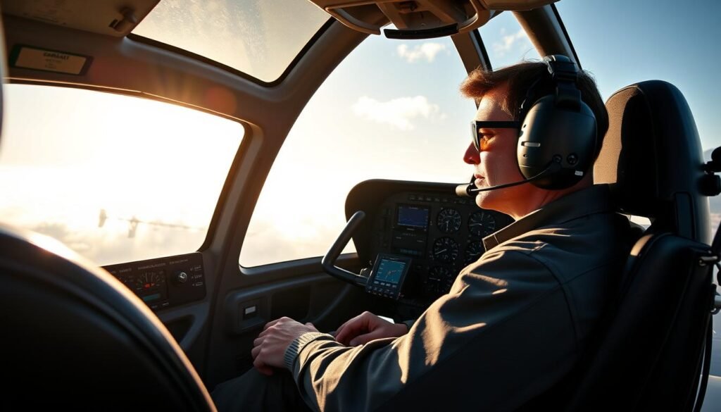 A detailed, photorealistic image of a private helicopter cockpit, with a pilot sitting in the front seat, hands on the controls, against the backdrop of a sun-dappled sky. The pilot's face is visible, wearing a professional flight suit and headset. The instrument panel is clearly visible, displaying the current hourly rate and other flight data. The lighting is natural and directional, creating depth and texture. The scene conveys a sense of precision, skill, and the high-value nature of private helicopter pilot work.