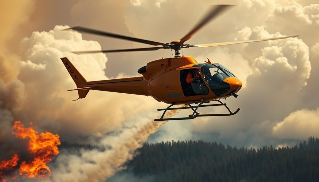 A firefighting helicopter pilot, clad in a bright orange flight suit, expertly navigates their agile aircraft over a raging forest fire. The pilot's gaze is focused, their hands steady on the controls as they guide the helicopter to precisely drop water on the flames. Wisps of smoke curl around the aircraft, which is silhouetted against a dramatic sky filled with billowing clouds. The roar of the engine and the crackle of the fire create a sense of urgency and high-stakes action. The pilot's skill and bravery are on full display as they risk their life to protect the land below.