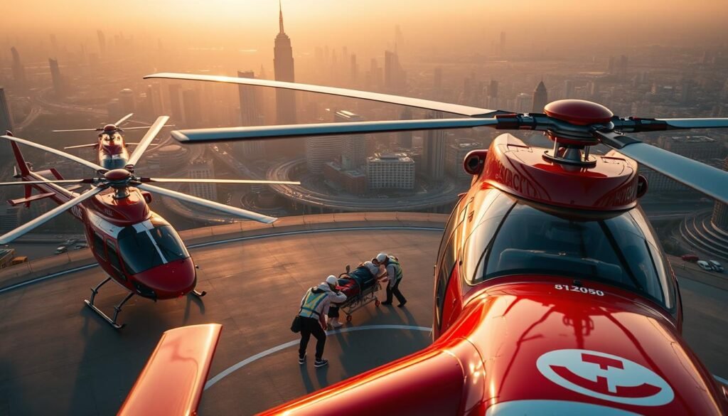 A fleet of modern air ambulance helicopters hovering over a bustling helipad, their sleek bodies reflecting the warm glow of the sun. In the foreground, the distinctive red and white livery of a leading air medical company stands out, its logo emblazoned on the fuselage. The middle ground reveals a well-equipped medical team rushing to load a patient on a stretcher, their urgency palpable. In the background, a cityscape of towering skyscrapers and winding highways sets the scene, conveying the fast-paced, high-stakes nature of air ambulance operations. The scene is captured with a cinematic wide-angle lens, accentuating the scale and dynamism of the air medical industry.