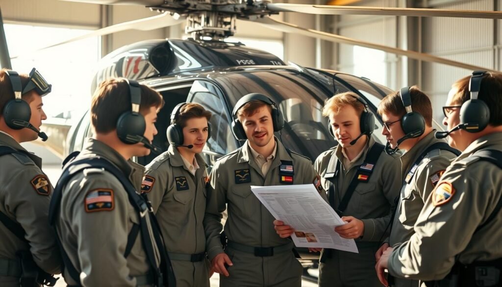 A group of early-career helicopter pilots, dressed in crisp flight suits, huddle around a gleaming turbine helicopter in a well-lit hangar. The pilots' faces are filled with a mixture of focus and excitement as they discuss flight plans and review checklists, preparing for their next mission. Sunlight streams through the hangar's windows, casting a warm glow on the scene and highlighting the intricate details of the helicopter's sleek design. The atmosphere is one of professionalism and camaraderie, as the pilots work together to hone their skills and build the experience necessary to advance their careers.