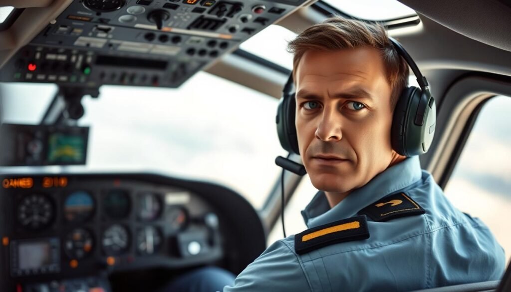 A helicopter pilot in a cockpit, with a serious, focused expression, surrounded by various flight instruments, controls, and displays. The pilot's uniform and epaulets indicate their level of experience and certifications. The cockpit is well-lit, with a sense of professionalism and attention to detail. The background is slightly blurred, emphasizing the pilot and the technical elements of the cockpit. The overall atmosphere conveys a sense of expertise, skill, and the specialized knowledge required for private helicopter piloting.
