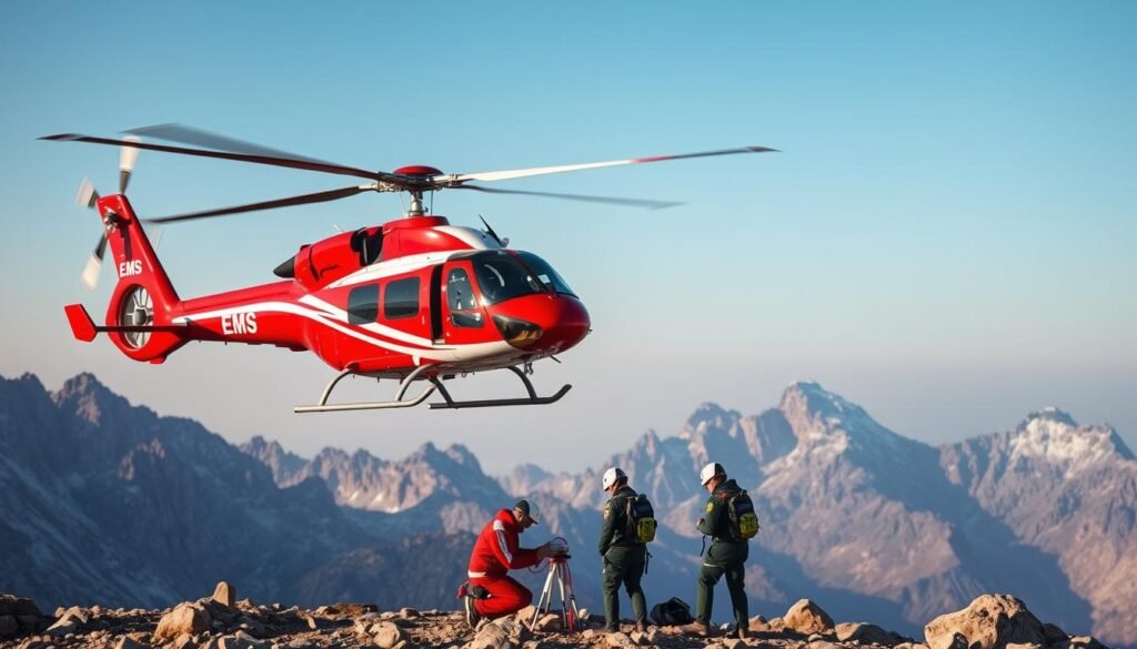 A high-altitude ems helicopter hovers over a rugged, mountainous landscape, its red and white livery gleaming in the warm afternoon sunlight. Rotors whipping the air, its powerful engines ready to whisk a critical patient to the nearest trauma center. In the foreground, a medical team prepares the patient for transport, their uniforms and gear designed for the demanding conditions of remote emergency operations. The background fades into a hazy blue sky, punctuated by jagged, snow-capped peaks - a scene of technical precision and life-saving capability in the face of nature's most unforgiving terrain.