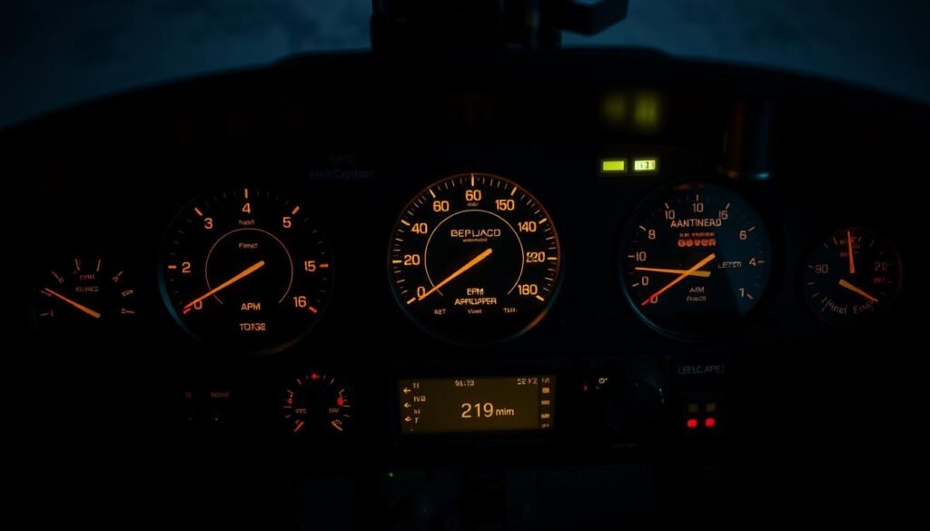 A high-contrast, photorealistic image of an instrument panel in the cockpit of a helicopter. The panel displays a variety of analog and digital instruments, including an altimeter, airspeed indicator, attitude indicator, and heading indicator. The instruments are backlit with a soft, warm glow, creating a sense of technical precision and readiness. The panel is situated in a shadowy, dimly lit cockpit, with just enough light to highlight the instruments and create a sense of depth and atmosphere. The overall mood is one of professionalism, preparation, and weathered experience - reflecting the rigorous training and accreditation required for EMS helicopter operations.