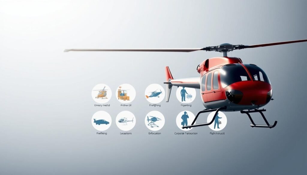 A high-resolution, photorealistic image of various helicopter roles and their pay scales, depicted in a clean, minimalist style. In the foreground, a sleek, modern helicopter hovers, its blades casting dynamic shadows across the scene. In the middle ground, a diverse range of helicopter activities are showcased, such as emergency medical services, offshore oil operations, firefighting, law enforcement, corporate transportation, and flight instruction. Each role is represented by a detailed, well-lit illustration that captures the unique characteristics and demands of the job. The background features a subtle, gradient-based color scheme that reinforces the professional, informative nature of the image. The overall composition and lighting create a sense of balance, depth, and clarity, ensuring the image effectively communicates the nuances of helicopter pilot compensation across different industries and experience levels.