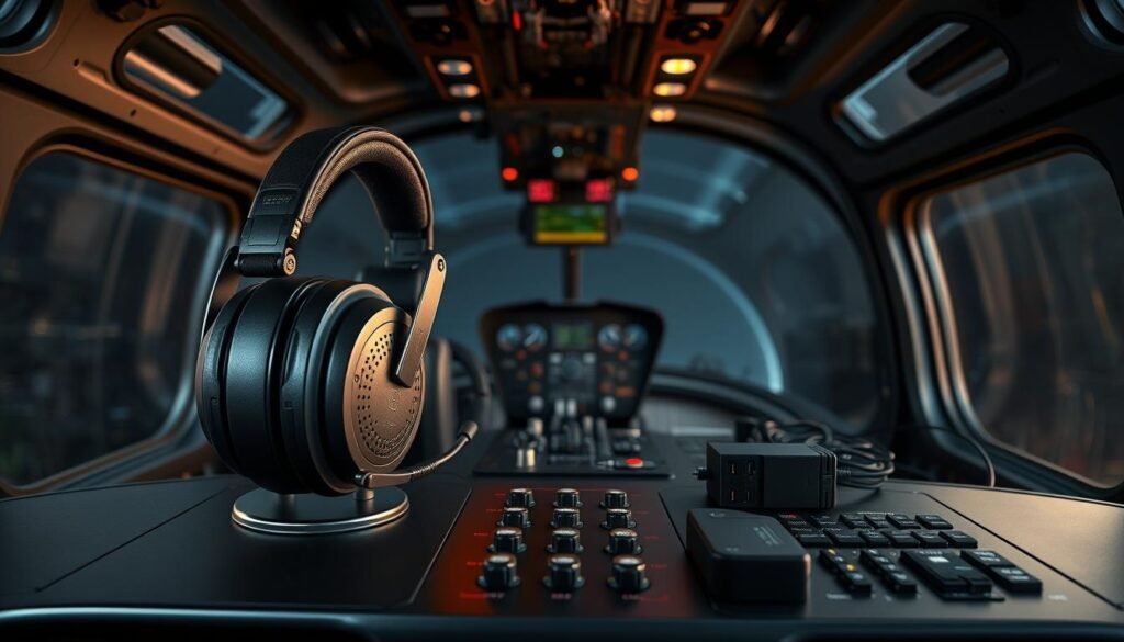 A high-tech helicopter cockpit interior with a focus on noise reduction and communication equipment. In the foreground, a professional-grade headset with noise-cancelling microphone and over-ear cups sits on a sleek, matte black control panel. The middle ground features a detailed rendering of various adapters, cables, and power supplies for the headset and other avionics. The background depicts the dimly lit, glass-paneled cockpit with atmospheric lighting reflecting off the metallic surfaces, conveying a sense of advanced technology and safety-critical operations. The scene is captured with a wide-angle lens to emphasize the scale and complexity of the specialized gear.
