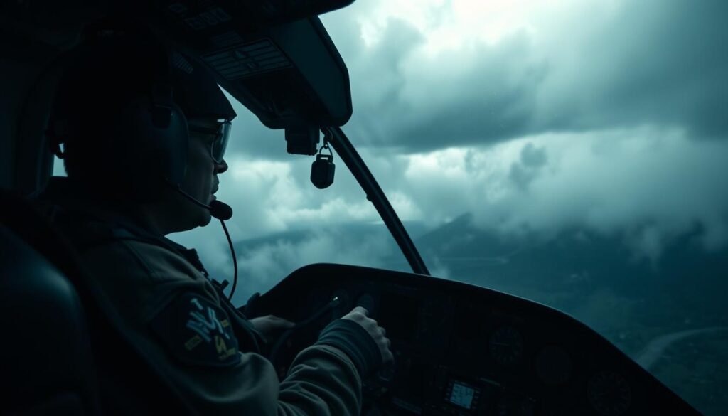 A looming dark cloud casts an ominous shadow over a tense cockpit, as the seasoned SAR helicopter pilot scrutinizes the rapidly changing weather conditions. Instruments flicker, illuminating the pilot's face with an eerie glow, reflecting the gravity of the decision at hand. The surrounding landscape is shrouded in a moody, atmospheric haze, heightening the sense of uncertainty. The pilot's hands grip the controls, poised to make the critical "go/no-go" call that could determine the fate of the mission. Realistic, cinematic, and evocative, this image captures the high-stakes decision-making process faced by SAR pilots when confronted with the unpredictable forces of nature.