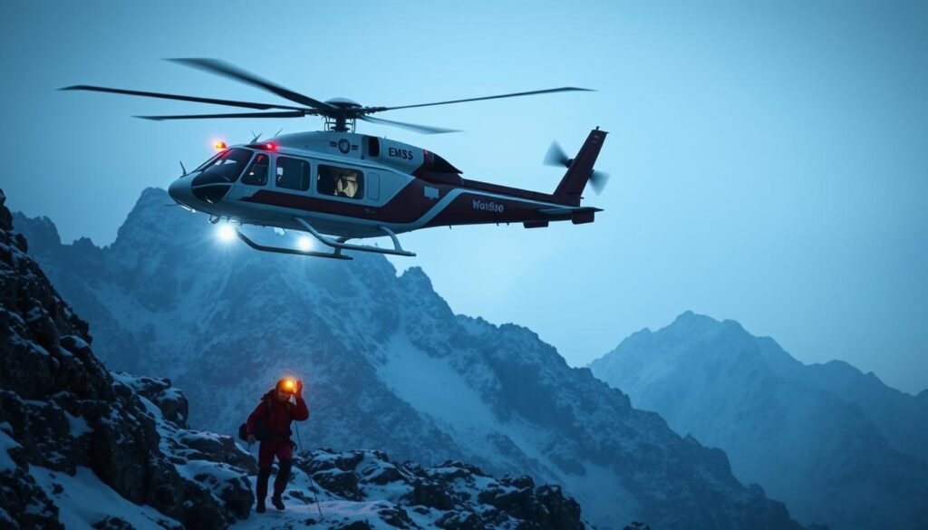 A low-altitude EMS helicopter hovers above a rugged, snow-capped mountain range, its powerful searchlights illuminating the treacherous terrain below. Skilled pilots maneuver the aircraft with precision, guiding a team of highly trained rescuers as they rapidly descend on ropes, scouring the rocky slopes for signs of distress. In the foreground, a lone hiker, disoriented and injured, waves frantically, desperate to be found. The scene is one of urgency and determination, with the helicopter's blades whipping the air and the rescuers working tirelessly to reach the vulnerable individual. The mood is tense yet focused, conveying the critical importance of swift, coordinated action in this life-or-death scenario.
