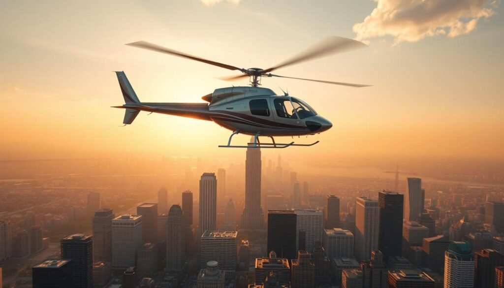 A meticulously detailed 3D render of a regional salary helicopter hovering over a diverse cityscape, showcasing contrasting cost-of-living factors. The helicopter casts a dramatic shadow on the urban landscape below, emphasizing the regional disparities in helicopter pilot compensation. Warm, golden afternoon sunlight filters through hazy skies, creating an atmospheric, almost cinematic feel. The scene is captured from a low, dynamic angle, putting the viewer at the center of this visual representation of the nuances in pilot salaries across different states and employers.