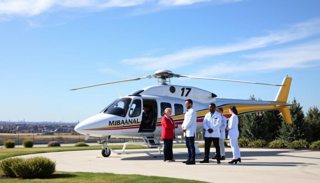 A modern air ambulance service facility set against a clear blue sky, with a sleek, state-of-the-art helicopter prominently displayed in the foreground. The helipad is surrounded by a well-maintained, landscaped area, suggesting a professional and efficient operation. In the middle ground, a group of healthcare professionals, including pilots and medical staff, are engaged in a discussion, illustrating the collaborative nature of the service. The background features a cityscape, hinting at the broader context in which the air ambulance company operates. The overall scene conveys a sense of reliable, high-quality emergency medical transportation services.