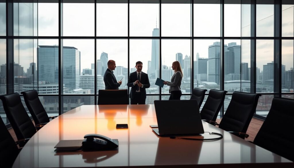 A modern, minimalist office interior with a sleek, glass-walled conference room in the foreground. Warm, directional lighting illuminates a central desk where a laptop, files, and a telephone are neatly arranged. In the middle ground, a team of insurance professionals in business attire are engaged in a discussion, gesturing towards digital displays. The background features floor-to-ceiling windows overlooking a bustling city skyline, conveying a sense of efficiency and professionalism within the insurance claims process.