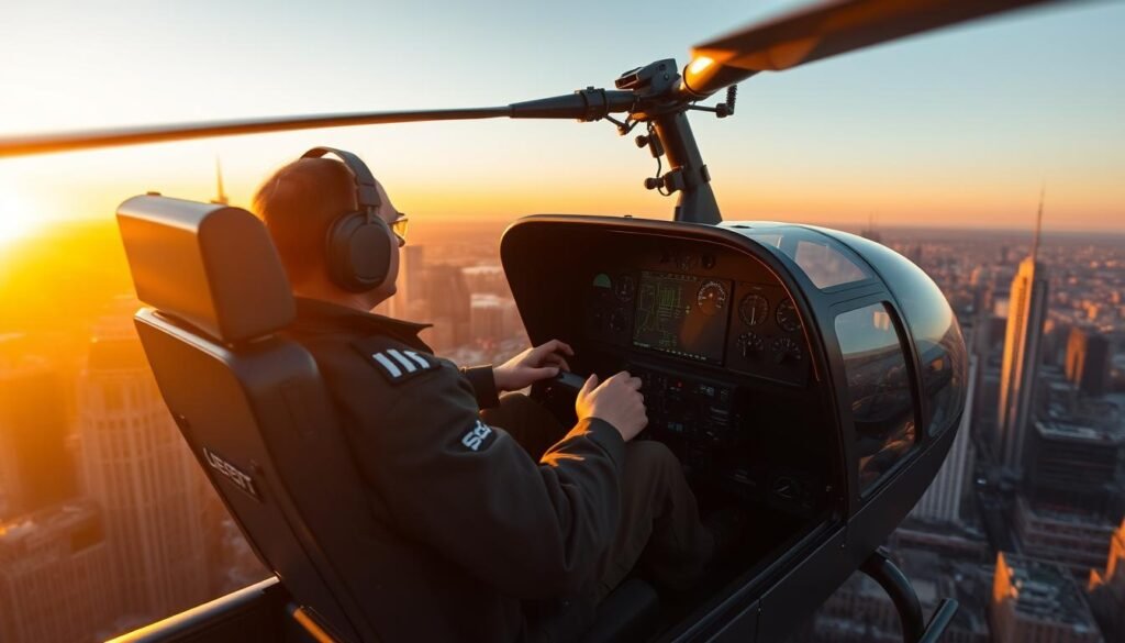 A news helicopter pilot navigating the city skyline, backlit by the warm glow of the setting sun. Perched atop the sleek, high-tech chopper, the pilot's gaze is focused, scanning the horizon for breaking news. The aircraft's powerful searchlight cuts through the dusk, illuminating the bustling streets below. The pilot's hands deftly control the helicopter's responsive movements, seamlessly maneuvering through the urban landscape. The cockpit is a command center, filled with advanced avionics and communication systems, allowing the pilot to relay crucial information to the newsroom in real-time. This image captures the skill, precision, and adrenaline of an electronic news gathering pilot, a specialized role at the forefront of aerial journalism.