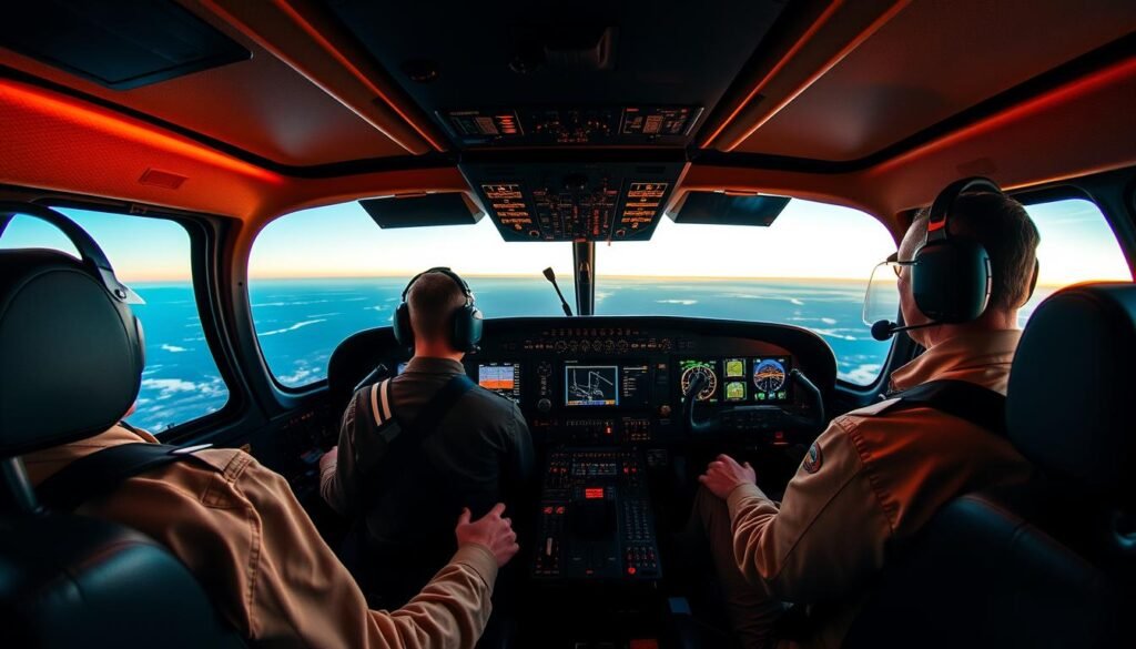A panoramic view of a well-equipped helicopter cockpit, with pilots in full gear immersed in various controls and instruments. Warm, soft lighting illuminates the interior, creating a sense of professionalism and expertise. The pilots' faces are focused, reflecting the importance of their duties. In the background, a vast, picturesque landscape unfolds, hinting at the thrill and adventure of helicopter flight. The image conveys the perks, bonuses, and benefits associated with the helicopter pilot profession, highlighting the sophisticated technology and the rewarding nature of this high-skill career.