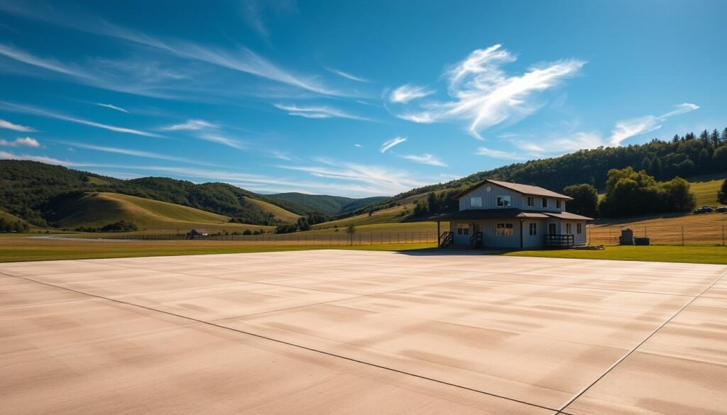 A peaceful, unassuming EMS helicopter base nestled in a serene, rural landscape. The helipad, a smooth, well-maintained concrete surface, gleams under the warm glow of the sun. Nearby, a modest two-story building, its exterior adorned with the unit's insignia, stands as the heart of the base's operations. Surrounding the base, rolling hills covered in lush, verdant foliage create a tranquil, bucolic atmosphere. Wispy clouds drift lazily across the clear, azure sky, casting gentle shadows upon the scene. The air is crisp and clean, with a hint of pine and freshly cut grass. This is the embodiment of "base life" - a quiet, unassuming sanctuary where EMS crews can find respite and focus on their vital work.