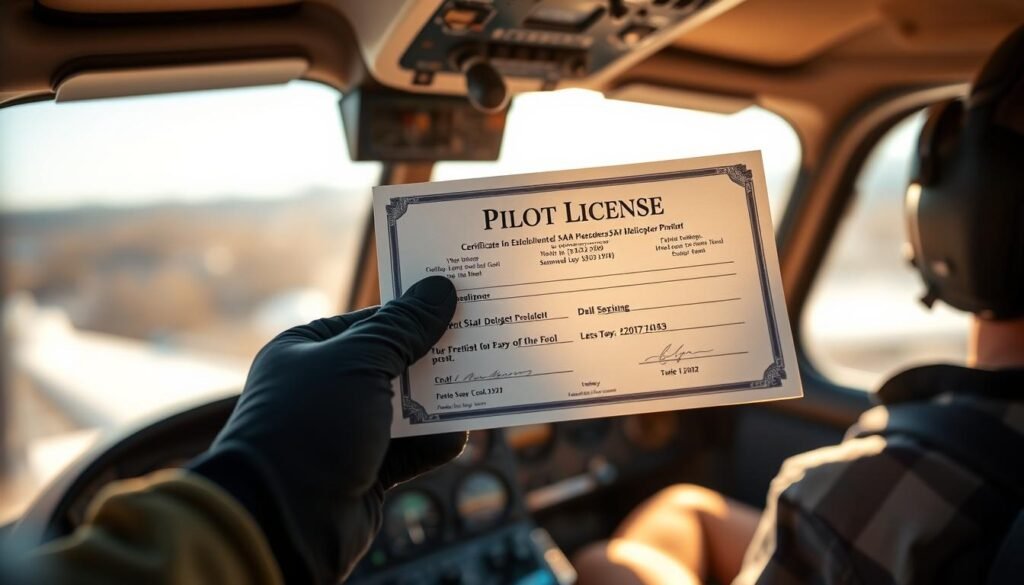 A pilot's license certificate held in a gloved hand, the details crisp and clear against a blurred, softly-lit cockpit interior. The instrument panel and flight controls fade into the background, emphasizing the legal document's importance. Warm, natural lighting filters through the windshield, casting a serene, professional atmosphere. The image conveys the pride and responsibility of earning this crucial permit, a key milestone in the journey to becoming a skilled SAR helicopter pilot.