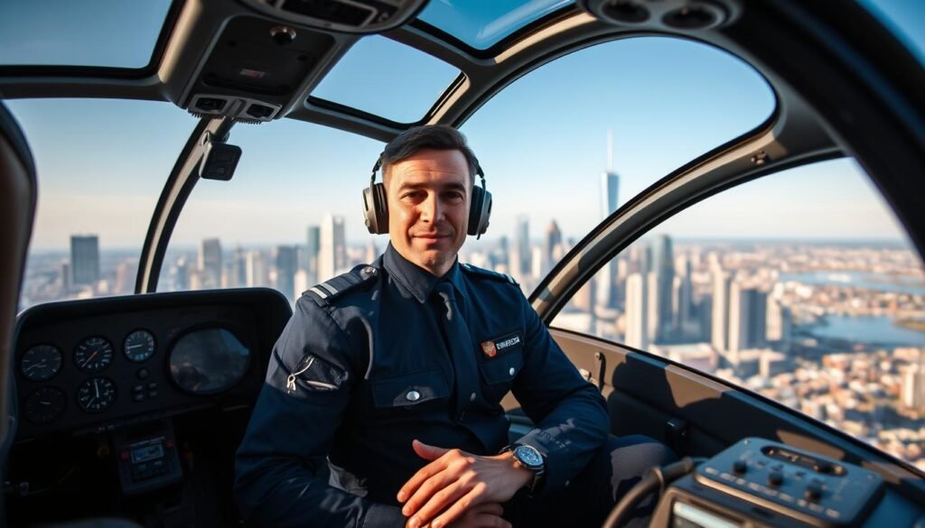 A professional helicopter pilot, dressed in a crisp, navy blue uniform, sitting confidently in the cockpit of a sleek, modern civilian helicopter. The cockpit is meticulously detailed, with various gauges, controls, and a panoramic windshield offering a breathtaking view of the cityscape below. Soft, natural lighting filters through the cockpit, creating a warm, authoritative atmosphere. The pilot's expression is focused, exuding a sense of expertise and command. In the background, a bustling metropolitan skyline, with towering skyscrapers and a clear, blue sky, emphasizes the urban, commercial setting of the scene.