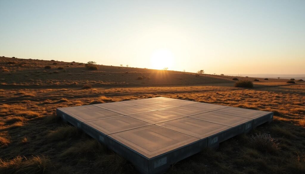 A rugged, grassy field with a wide, level clearing in the center. The sky is clear, with the sun low on the horizon, casting warm, golden light across the scene. In the middle of the clearing, a sturdy, reinforced landing pad made of interlocking concrete blocks, ready to support the weight of a large emergency helicopter. The surrounding terrain is dotted with a few sparse trees and shrubs, providing natural visual barriers. The overall atmosphere is one of tranquility and readiness, conveying a sense of safety and preparedness for emergency operations.