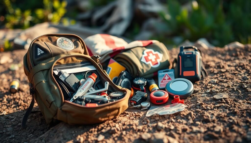 A rugged, well-equipped survival kit on a natural, earthy surface. In the foreground, a compact, durable backpack with straps, zippers, and patches. Inside, an array of essential survival tools - a fire starter, compass, multi-tool, water purifier, and first aid supplies. In the middle ground, a survival blanket, signal mirror, and personal locator beacon. The background features a slightly blurred, lush, outdoor environment with hints of greenery and natural textures, conveying a sense of preparedness in the wild. Warm, natural lighting casts soft shadows, creating a sense of readiness and self-reliance.