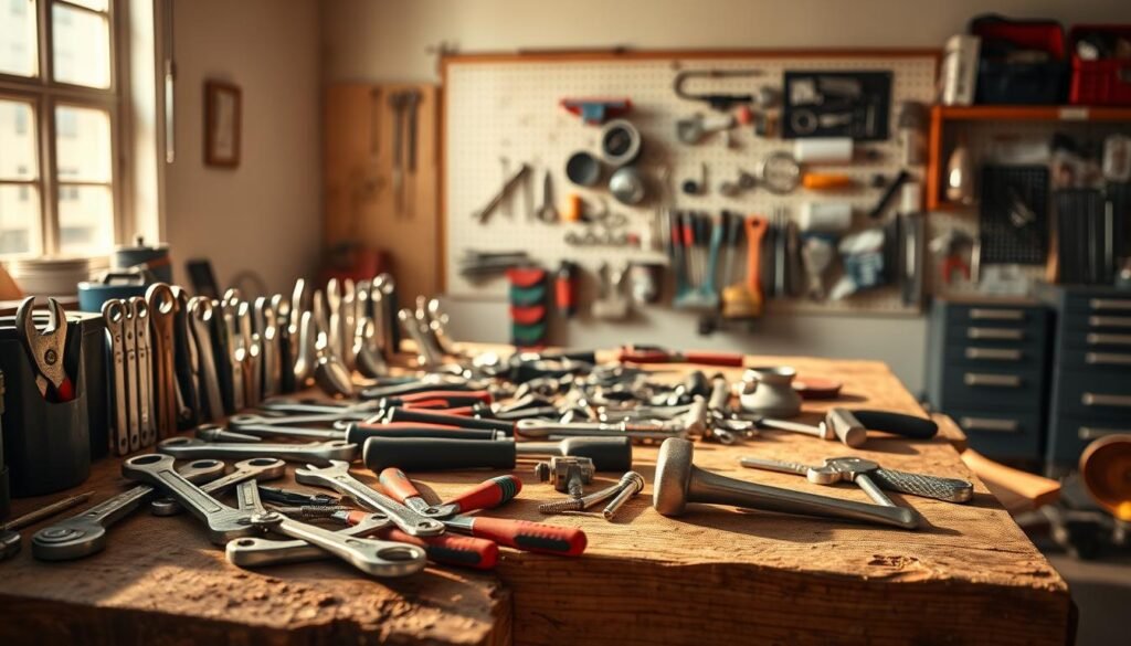 A rugged workbench in a well-lit, airy workshop. Rows of gleaming tools neatly arranged - pliers, wrenches, screwdrivers, and a hammer stand at the ready. In the background, a pegboard displays an assortment of spare parts and repair kits. The scene is bathed in warm, natural lighting, casting long shadows and highlighting the textures of the wood and metal. A sense of order and readiness pervades the space, as if awaiting the arrival of a skilled technician to tackle any field repair that may arise.