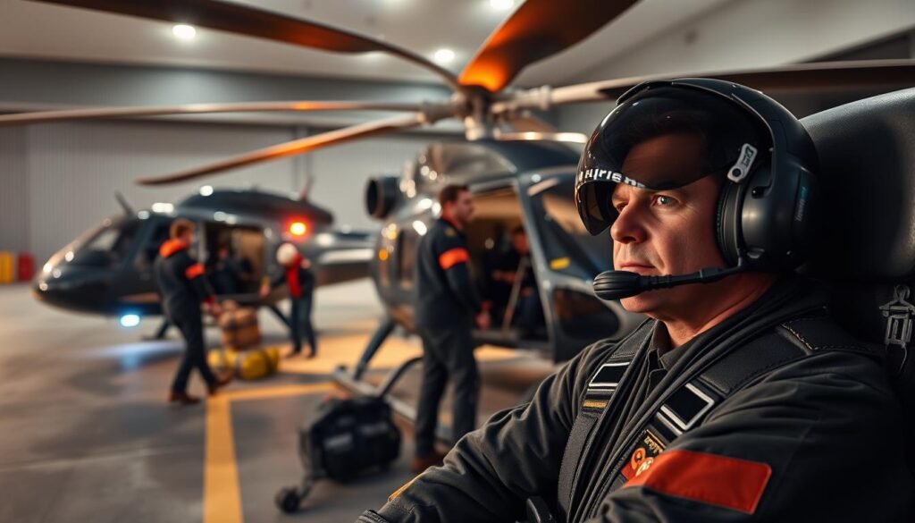 A scramble of SAR (Search and Rescue) helicopter pilots gearing up for a crucial mission. In the foreground, a pilot dons their flight suit and straps into the cockpit, their determined expression focused on the task ahead. In the middle ground, crew members hastily load emergency gear and supplies into the sleek, high-tech helicopter, its rotors spinning with a deafening roar. The background depicts a hangar bathed in the warm glow of floodlights, creating a sense of urgency and readiness. The scene conveys the intense preparation and rapid response required for these vital missions, where every second counts.