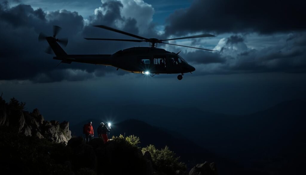 A search and rescue helicopter hovers above a rugged mountain landscape, its powerful searchlights cutting through the darkness. Below, a team of highly trained SAR personnel scans the terrain, coordinating with the pilot to locate and extract a stranded hiker. The scene is bathed in an intense, dramatic lighting, creating a sense of urgency and high-stakes action. The helicopter's sleek, angular silhouette is sharply defined against the cloudy night sky, its rotor blades whirring with purpose. The middle ground features rocky cliffs and dense foliage, while the background fades into an expanse of rolling hills and distant peaks. This image captures the core mission of a SAR helicopter pilot - to swiftly and efficiently deploy specialized teams to remote, treacherous environments in order to save lives.
