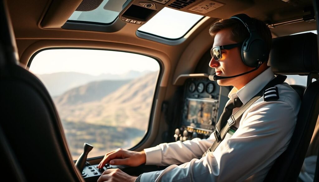 A skilled helicopter pilot in crisp uniform, seated at the controls of a sleek, state-of-the-art EMS helicopter. The cockpit is bathed in warm, natural lighting, with the pilot's gaze fixed intently on the instrument panel, their hands expertly manipulating the flight controls. In the background, a lush, mountainous landscape stretches out, hinting at the pilot's adventurous missions transporting critical patients to safety. The scene conveys a sense of professionalism, focus, and the vital role these pilots play in emergency medical services.