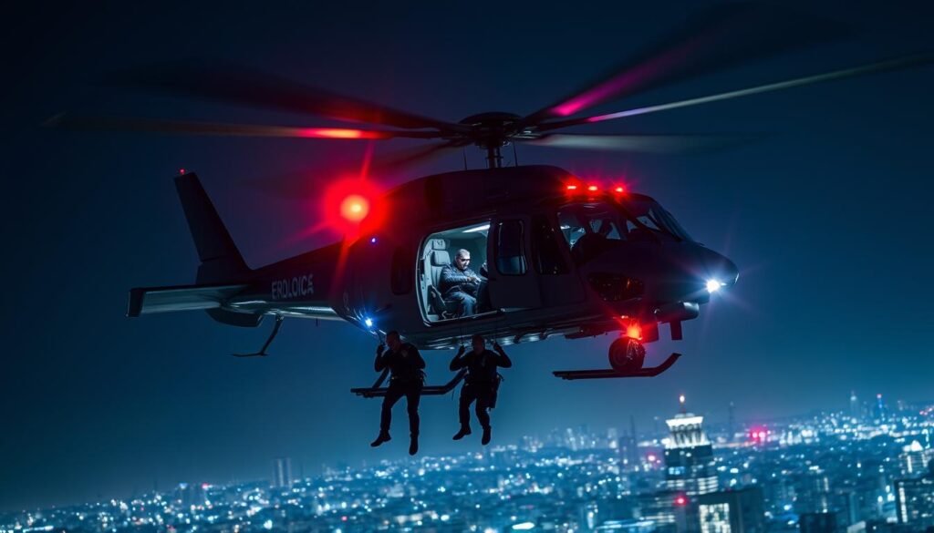 A sleek law enforcement helicopter hovers in a night sky, its searchlight illuminating the urban landscape below. The aircraft's aerodynamic fuselage and powerful rotors convey a sense of speed and capability. In the foreground, a team of officers in tactical gear prepares to rappel from the open cabin, ready to execute a precision operation. The scene exudes an atmosphere of professionalism, urgency, and a dedication to public safety. The helicopter's powerful turbine engine rumbles, its vibrant red and blue strobe lights pulsing, casting dramatic shadows across the cityscape. This image captures the essential role of law enforcement aviation in maintaining order and responding to critical incidents.