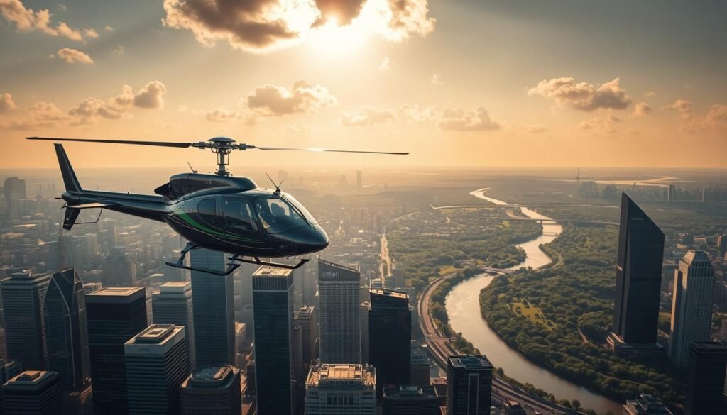 A sleek, modern helicopter hovers above a bustling city skyline, its blades cutting through the air with precision. The aircraft casts a dramatic shadow on the glass-and-steel high-rises below, as sunlight filters through the clouds, illuminating the scene with a warm, golden glow. In the distance, a winding river meanders through lush, verdant parks, offering a serene contrast to the urban landscape. The helicopter, a symbol of both transportation and power, appears to be surveying the area, ready to whisk a passenger to their destination with speed and efficiency.