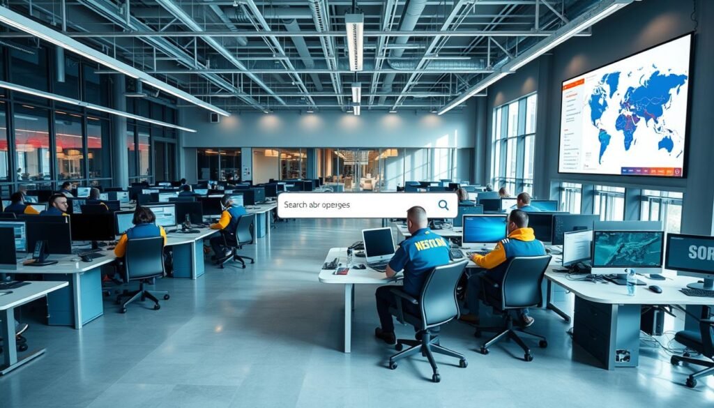 A sprawling open-office workspace with ergonomic workstations, large screens, and a prominent central search bar interface. Sleek, minimalist design in shades of blue and gray, with ample natural light filtering in through floor-to-ceiling windows. Search and rescue personnel, clad in distinctive uniforms, intently peruse job postings and fill out digital applications, conveying a sense of focused determination. A large wall-mounted display showcases a map highlighting SAR job openings in the local region. The overall mood is one of purposeful activity, reflecting the high-stakes nature of search and rescue operations.