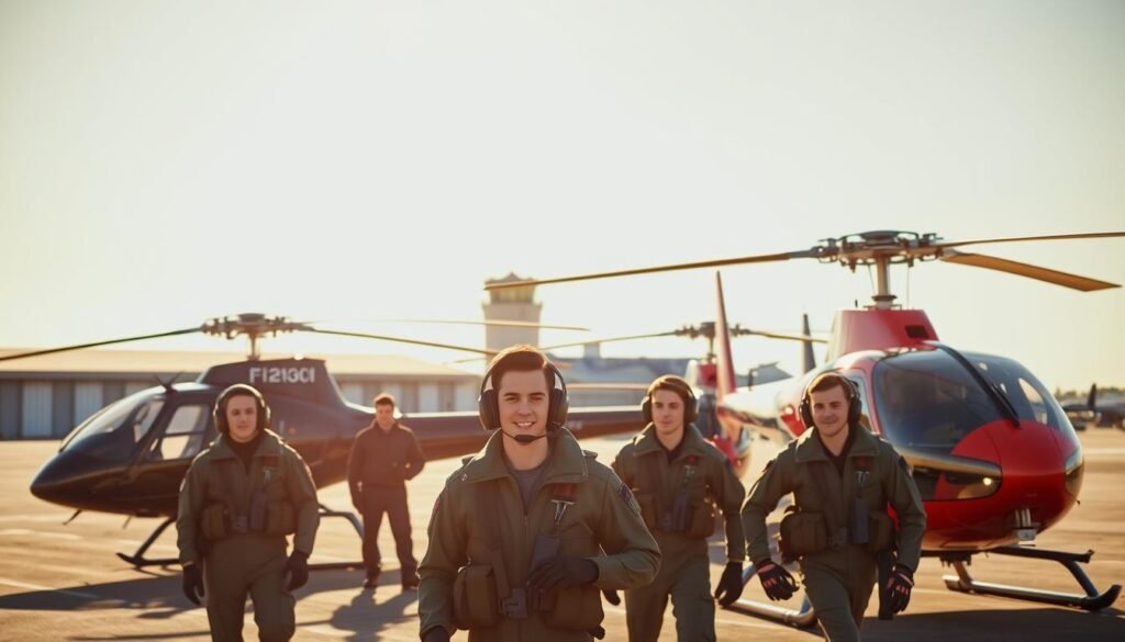 A sun-drenched airfield, with hangars and control tower in the background. In the foreground, a group of aspiring pilots in flight suits, eagerly engaged in pre-flight checks on a fleet of sleek, modern helicopters. The scene is bathed in warm, golden light, creating a sense of excitement and anticipation. Turbine engines roar to life as the students prepare for take-off, their faces lit with determination and the thrill of the experience. The entire composition conveys the essence of a dynamic, well-equipped flight school, ready to guide the next generation of search and rescue helicopter pilots.