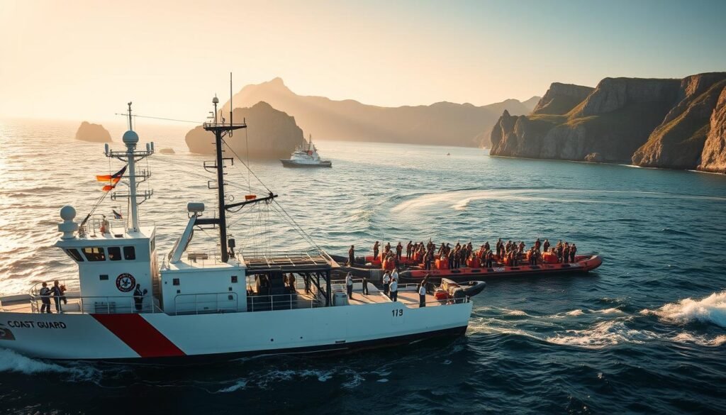 A sun-drenched coastal scene, with a sleek white Coast Guard cutter anchored in the foreground, its deck bustling with activity. In the middle ground, a group of uniformed personnel engaged in training exercises, demonstrating the diverse skills and capabilities of the Coast Guard. The background features a panoramic view of the rugged, windswept shoreline, with towering cliffs and lush greenery. Soft, warm lighting bathes the entire scene, creating a sense of tranquility and professionalism. The overall atmosphere conveys the benefits, perks, and high quality of life associated with a career in the United States Coast Guard.