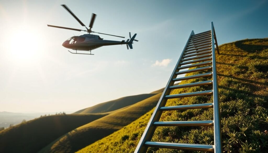 A sun-drenched scene of a career ladder ascending towards a majestic helicopter hovering overhead. The ladder, made of sturdy steel, stretches upwards, its rungs glinting in the warm light. In the foreground, lush greenery and rolling hills set the stage, while in the distance, the silhouette of the helicopter casts a commanding presence, its blades whirring gently. The composition captures the sense of upward mobility and the potential for growth within the aviation industry, reflecting the journey of a professional helicopter pilot's career.