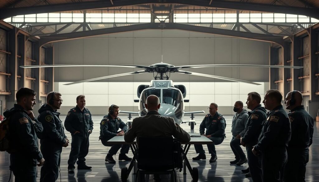 A vast helicopter hangar, with high ceilings and gleaming floors. In the foreground, a group of pilots in their flight suits, gathered around a central table, engaged in animated discussion. The pilots' faces are expressive, reflecting their expertise and dedication. In the middle ground, a sleek, modern helicopter stands at the ready, its blades casting dramatic shadows across the scene. The background is softly lit, with a sense of technical precision and professionalism. The overall mood is one of focus, camaraderie, and the thrill of the pilot's craft.