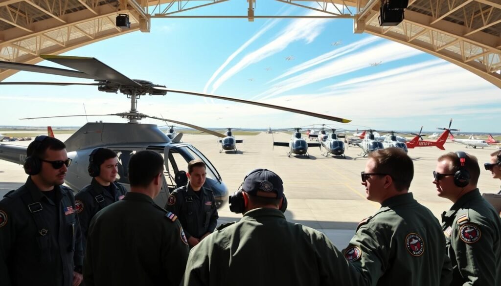 A vast, sunlit hangar, its high ceilings filled with the hum of activity. In the foreground, a group of student pilots in crisp flight suits, gathered around a sleek, silver helicopter, its rotors still. Instructors in aviator sunglasses demonstrate intricate controls, guiding the students through the pre-flight checklist. In the middle ground, a squadron of Coast Guard helicopters, their hulls gleaming, await their turn for takeoff. The background is a panorama of runways and taxiways, aircraft taking flight, leaving vapor trails across a brilliant blue sky. The atmosphere is one of focused discipline, the students' expressions a mix of anticipation and determination as they prepare for the challenges ahead.