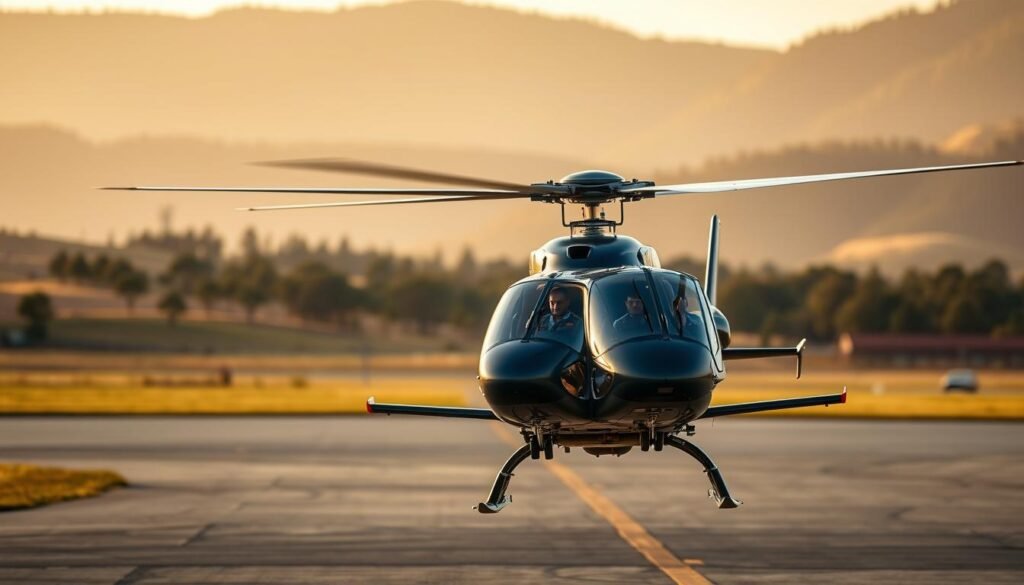 A vast training airfield, ringed by rolling hills and towering pines. In the foreground, a sleek, agile helicopter hovers gracefully, its blades slicing through the air with precision. Pilots in crisp uniforms guide the aircraft, their faces etched with concentration as they navigate complex maneuvers. The background is bathed in warm, golden light, creating a sense of purpose and professionalism. The scene radiates the dedication and skill required for effective emergency medical services (EMS) helicopter training, a vital component of global aviation preparedness.